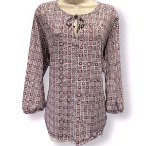 EUC - Liz Claiborne Black Red Grey White Tie Neck Peasant Top - Size Large